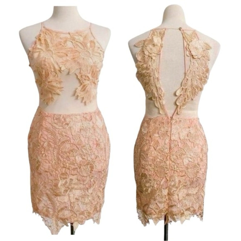 Strategic Illusion Dress Cream Lace Appliqué Sexy Club Party Night Out Mini Med - Picture 1 of 9